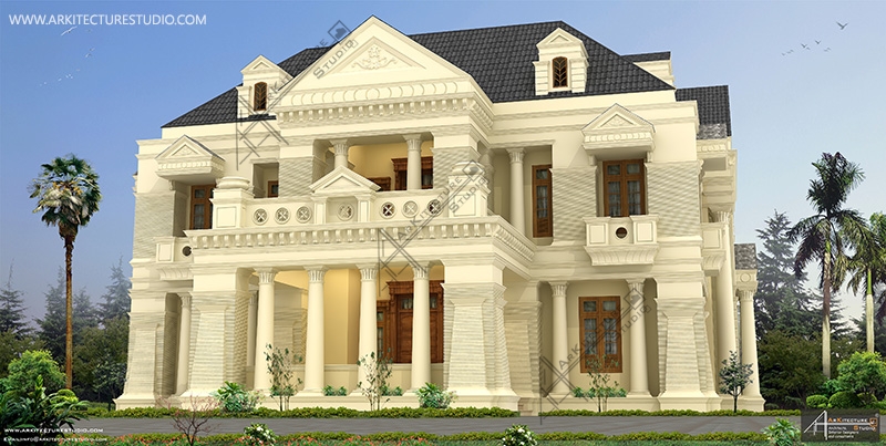 Traditional Kerala luxury home,
Modern classic house elevation,
Luxury house architects Kerala,
House elevation designers Kerala