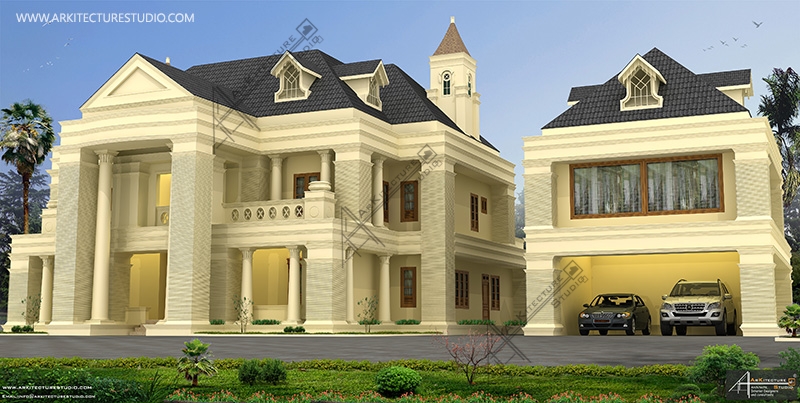 luxury house plan, colonial architect, Indian homes, double height house, Arabic home
