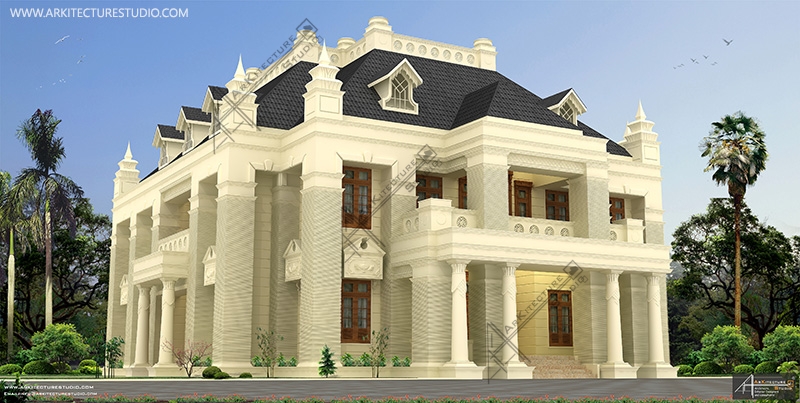 luxury house plan, colonial architect, Indian homes, double height house, Arabic home