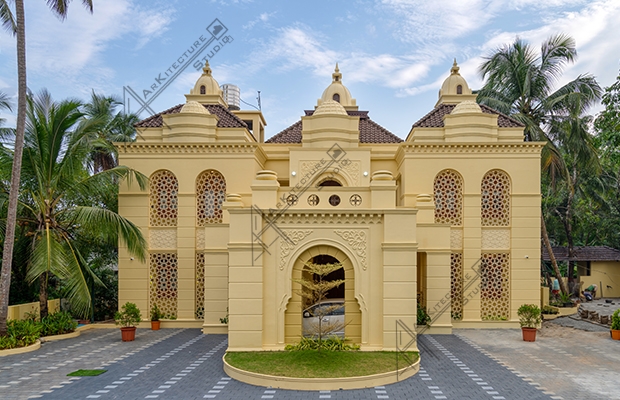 islamic architect, top architect in kerala, biggest home plan, arabic exterior house, luxury indian villa design, palace design in kerala